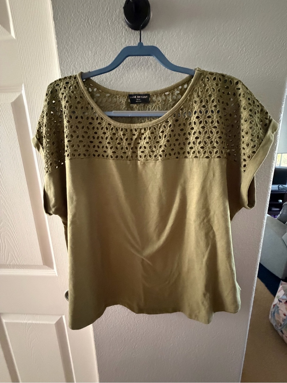Lane Bryant Olive Eyelet Yoke Short Sleeve Tee